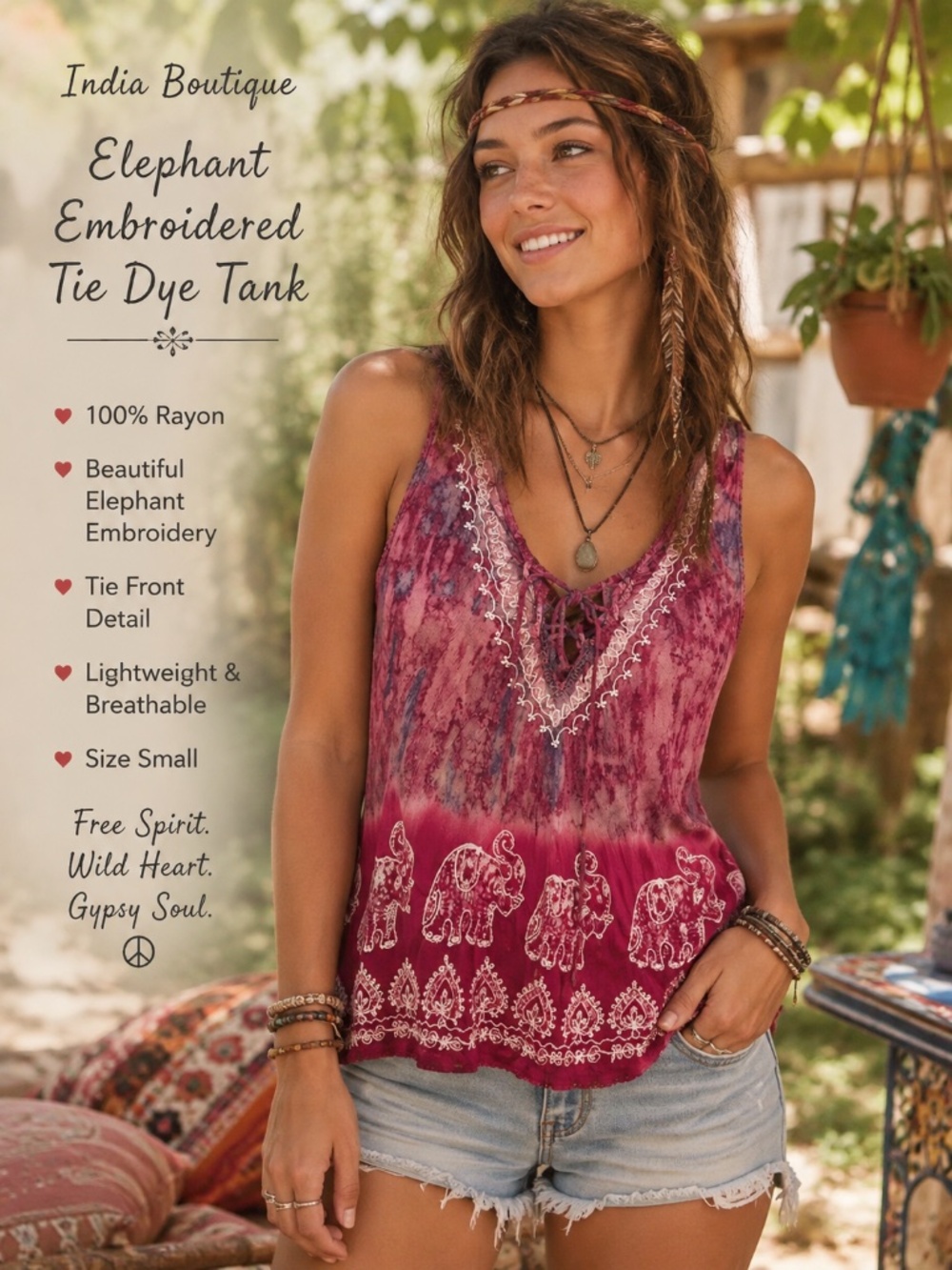 India Boutique Elephant Embroidered Boho Tie Dye Tank Top Free Size Small